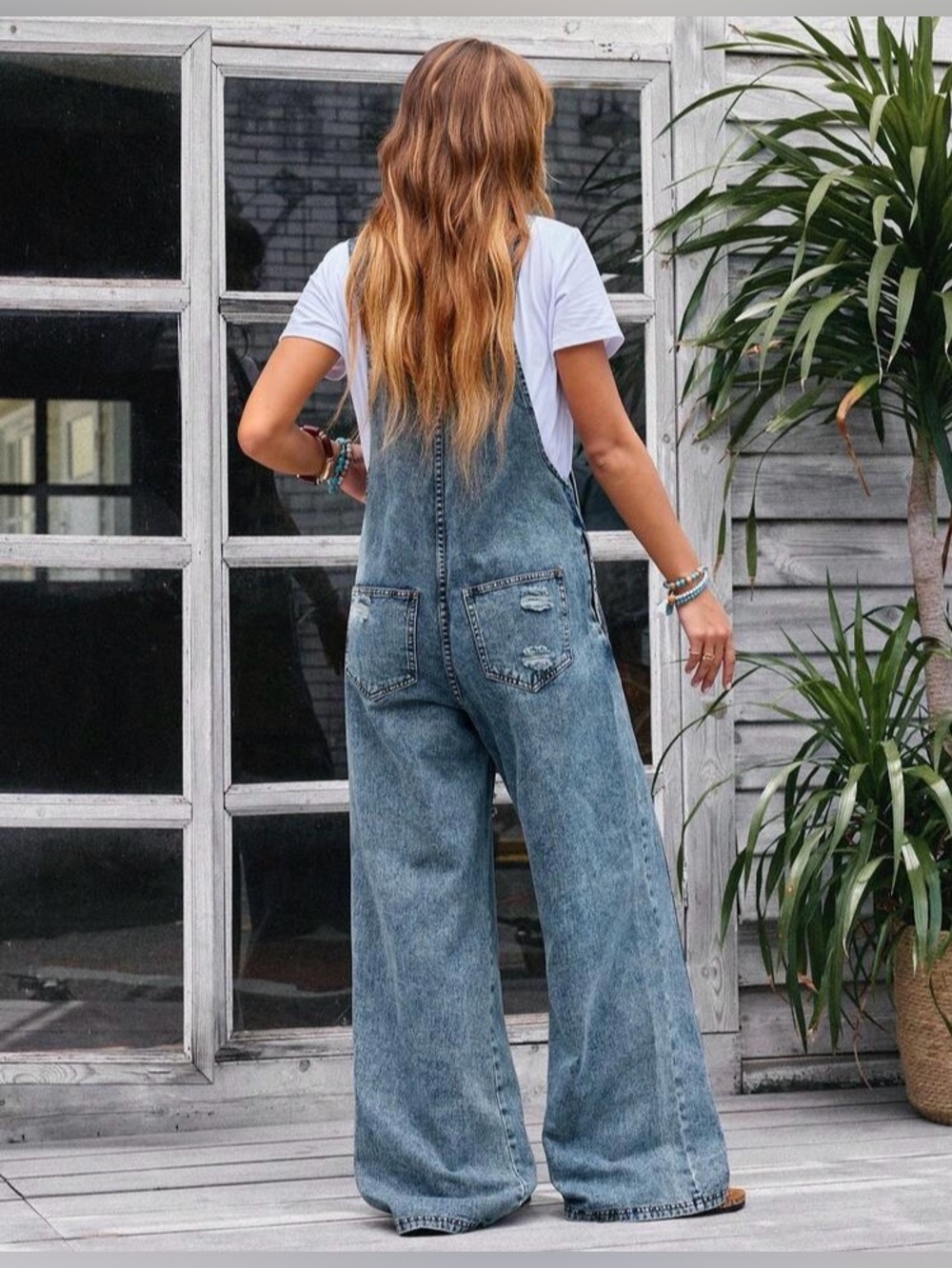 EMERY ROSE DISTRESSED WIDE LEG DENIM Jumpsuit - Picture 2 of 2